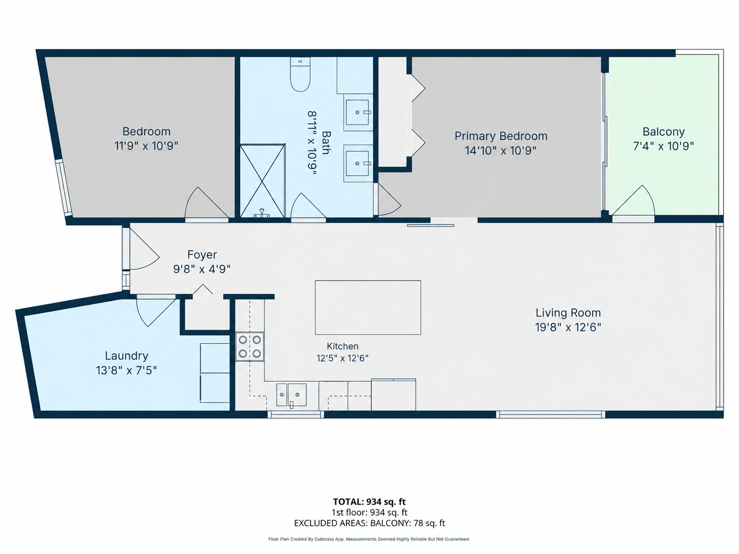 Floor plan of unit 205 showing two bedrooms, bathroom, laundry, foyer, kitchen, living room and balcony